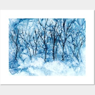 Abstract Winter Forest with Falling Snow Posters and Art